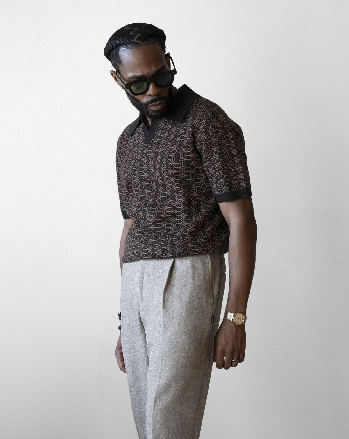 Japanese Streetwear Asanoha Print Knit Polo Shirt