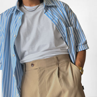 AKASHI-KAMA mens pleated shorts Japanese style Technical Sashi Clay