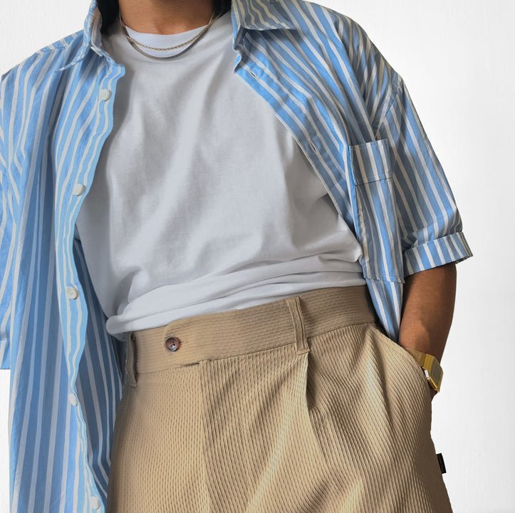 AKASHI-KAMA mens pleated shorts Japanese style Technical Sashi Clay