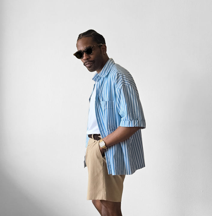 Mens textured pleated shorts Japanese style AKASHI-KAMA Technical Sashi Clay