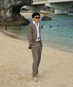 AKASHI-KAMA Mocha Taupe pleated trousers and noragi set Mens Japanese Style