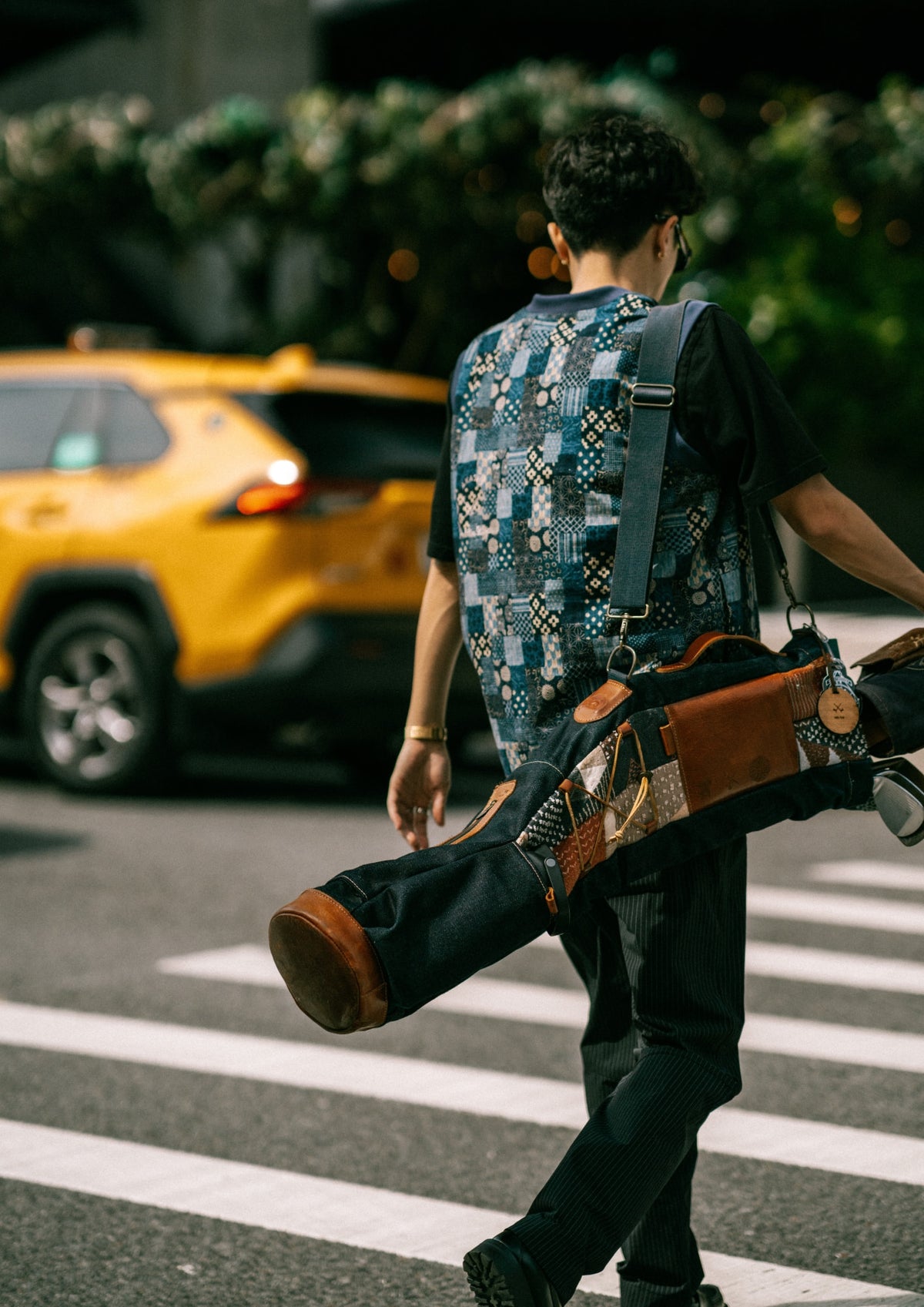 AKASHI-KAMA x Public Drip mens patchwork print golf vest | pleated trousers in sashiori black 