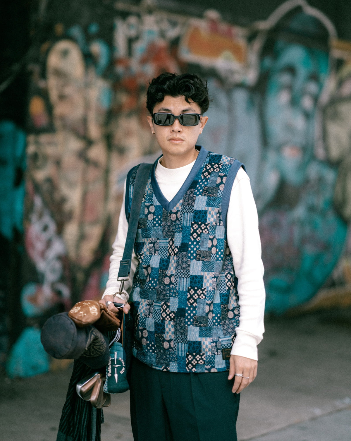 Indigo Boro patchwork mens golf swing vest | AKASHI-KAMA x Public Drip Japanese streetwear style