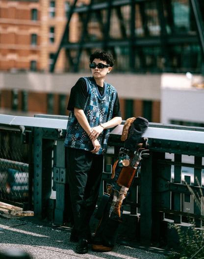 Patchwork print Japanese golf vest | Akashi-Kama x Public Drip streetwear style vneck ribbed shirt