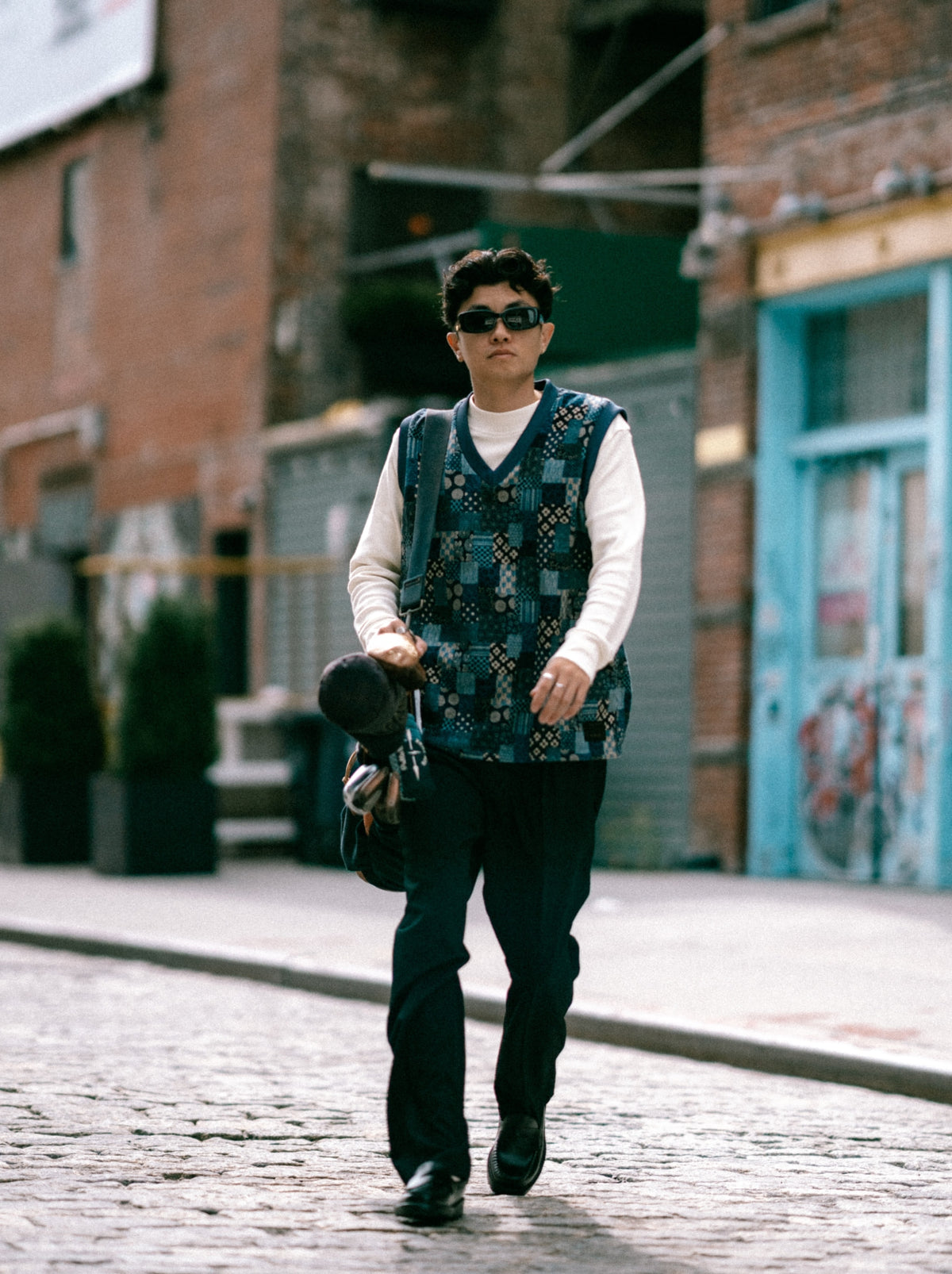 AKASHI-KAMA x Public Drip Japanese pattern swing vest with black sashiori mens pleated trousers | golf activewear style