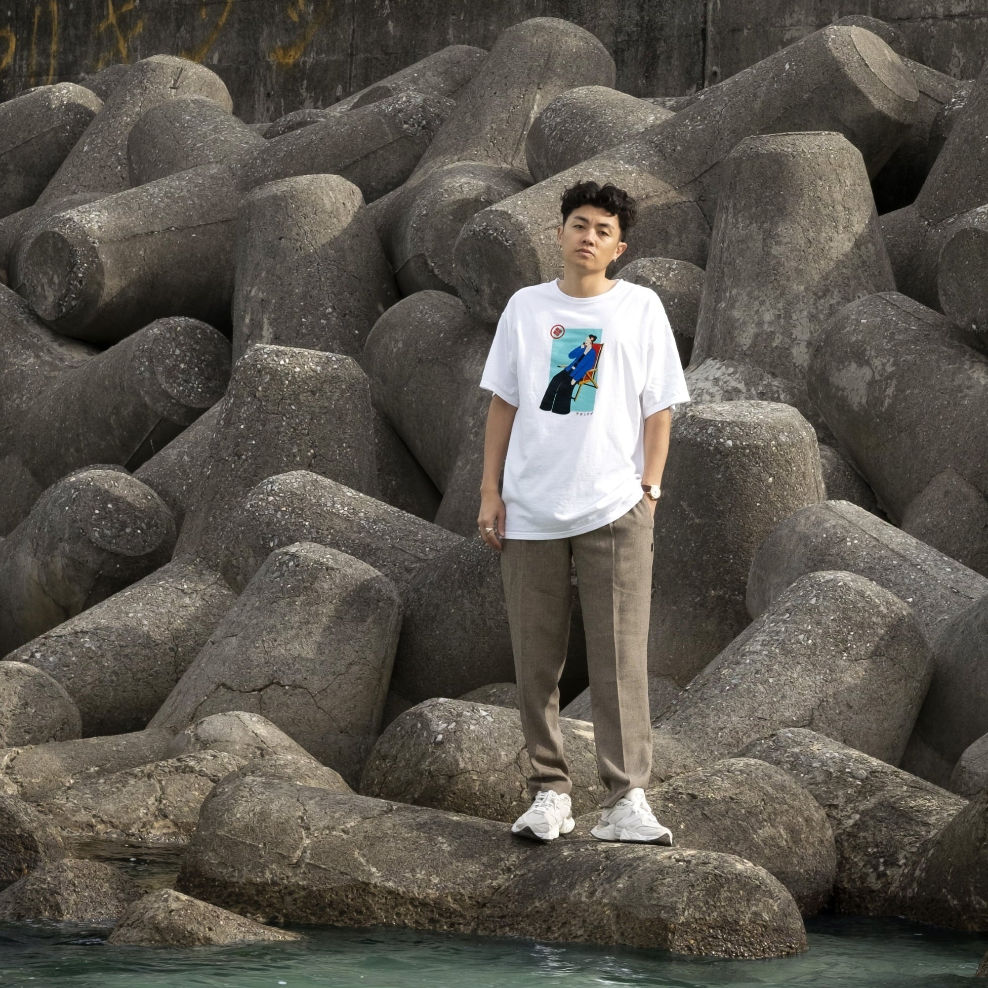 Men’s Akashi-Kama white garment dyed tee, USA heavyweight cotton Japanese streetwear with hand-illustrated Riviera Woman graphic