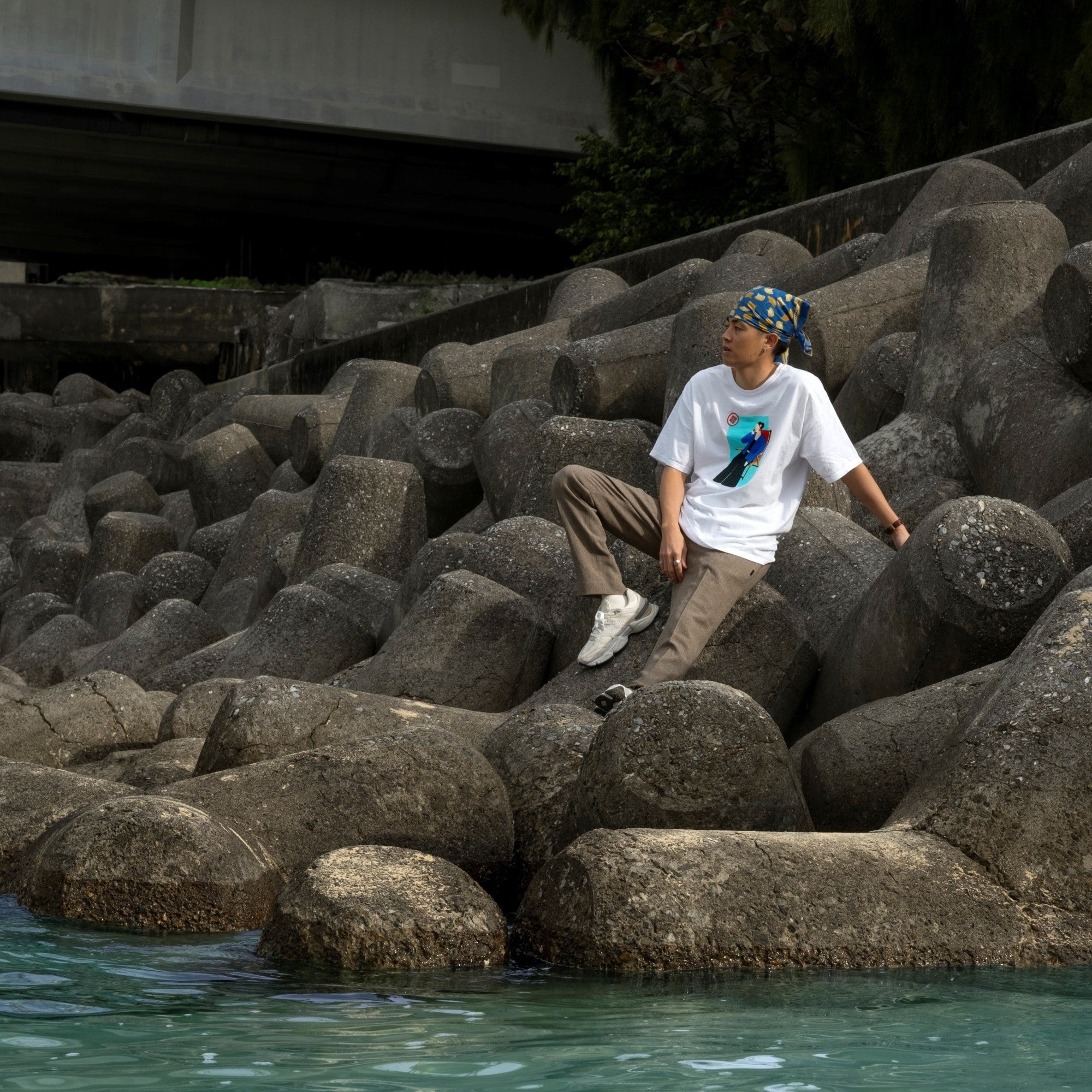 Akashi-Kama men’s Japanese Riviera Woman white tee, heavyweight garment-dyed USA cotton with hand-illustrated graphic