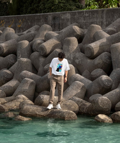 Hand-illustrated Japanese Riviera woman graphic AKASHI KAMA streetwear , USA mens garment dyed heavyweight cotton 