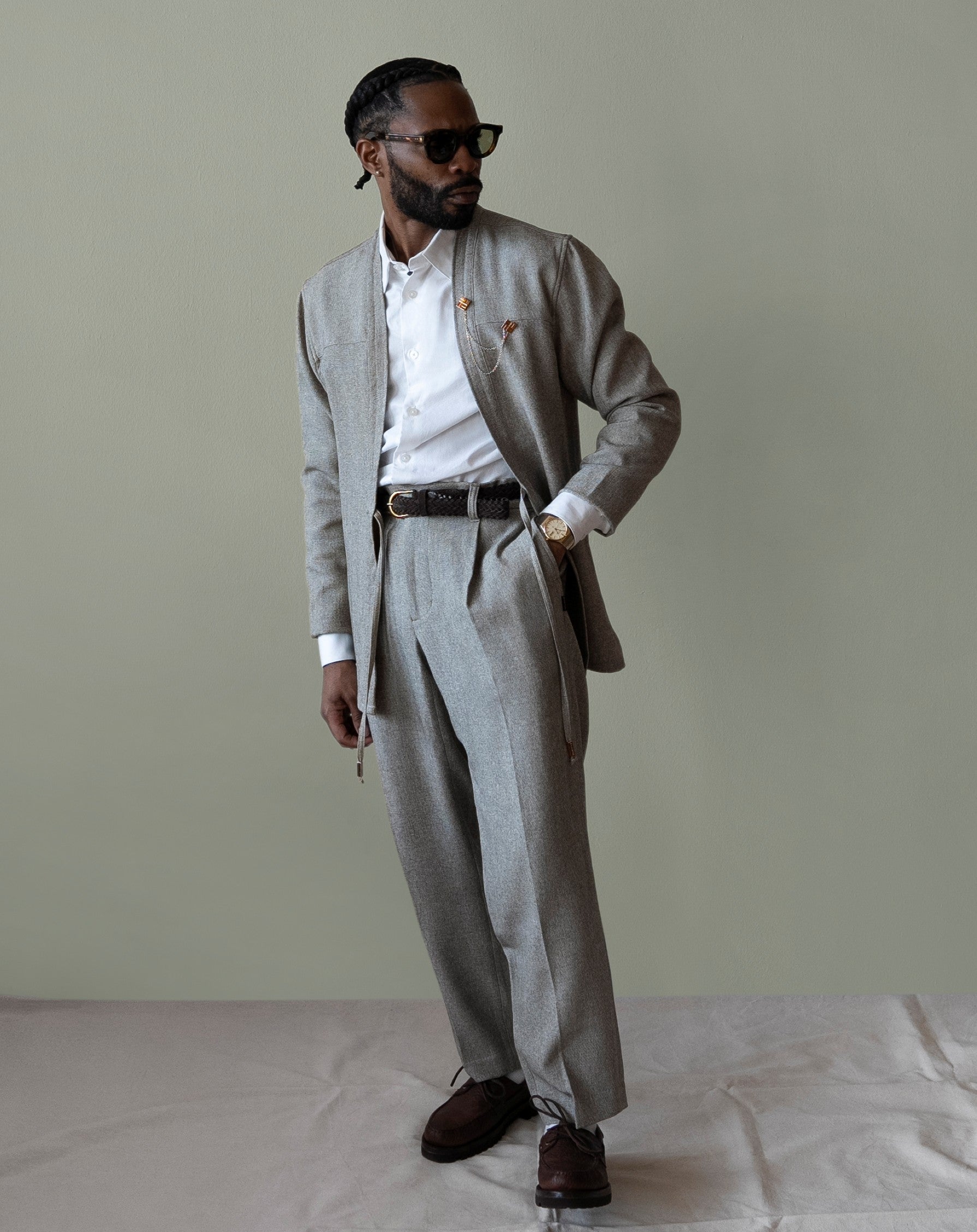 Mens Suit Noragi Jacket Trousers Set in Smoke Japanese premium fabric | AKASHI-KAMA