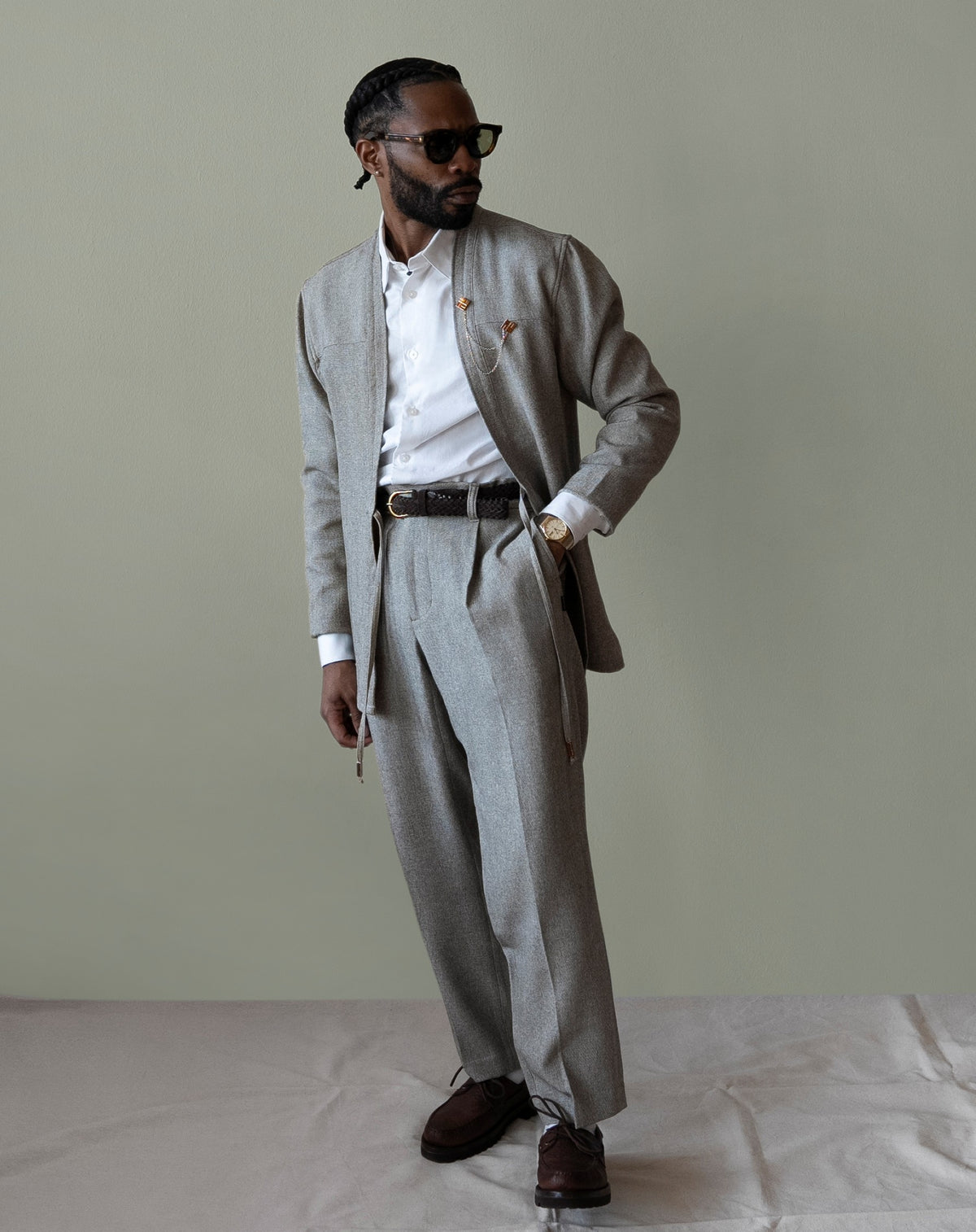Mens Suit Noragi Jacket Trousers Set in Smoke Japanese premium fabric | AKASHI-KAMA