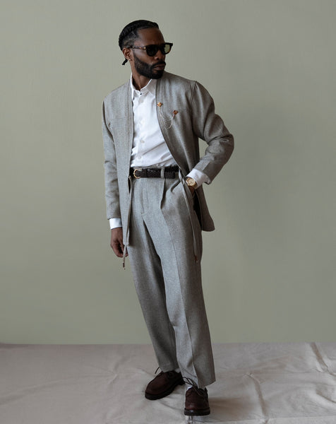 Mens Suit Noragi Jacket Trousers Set in Smoke Japanese premium fabric | AKASHI-KAMA
