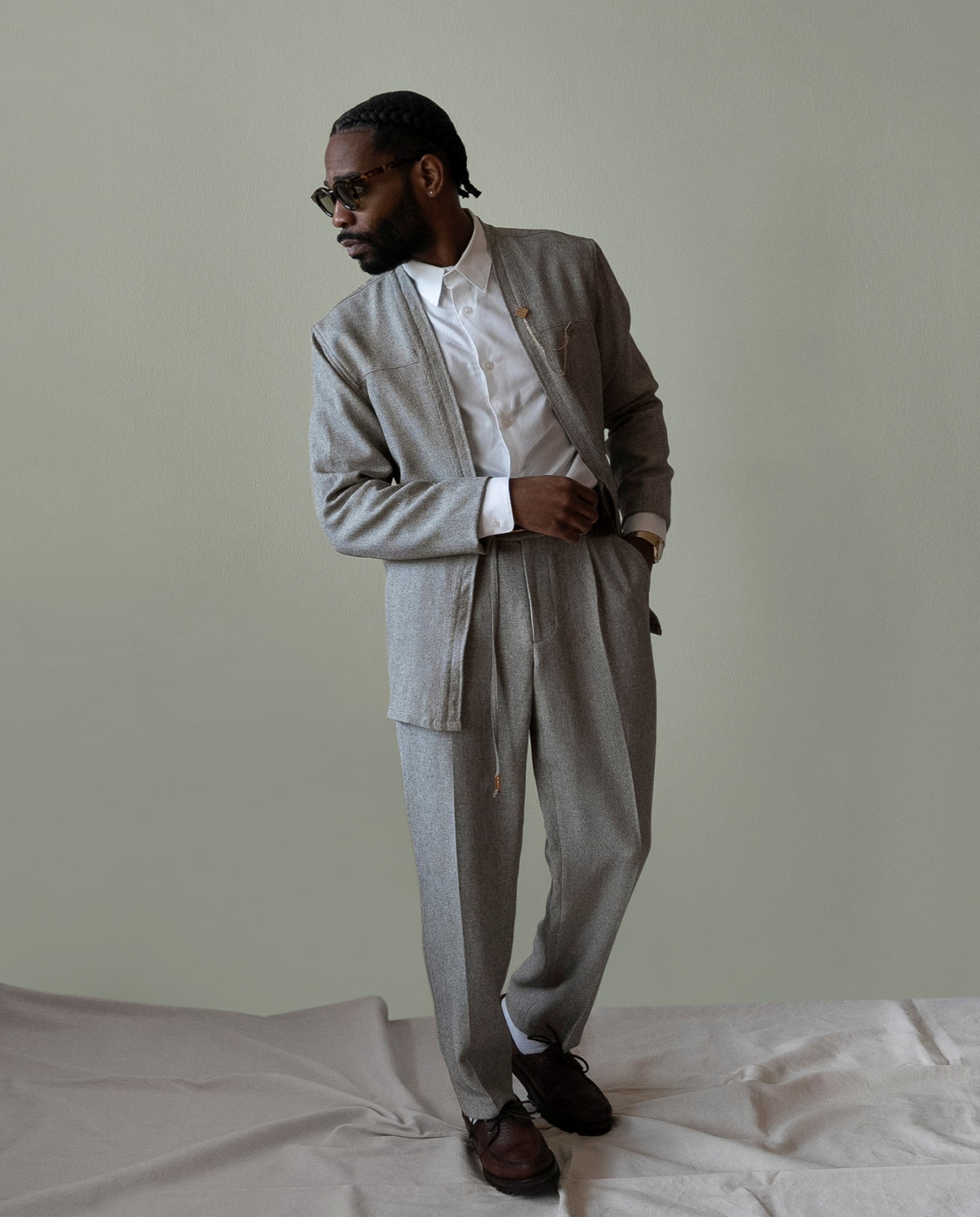 Smoke pleated trousers and Noragi Suit Set | AKASHI-KAMA Mens Japanese Streetwear Style