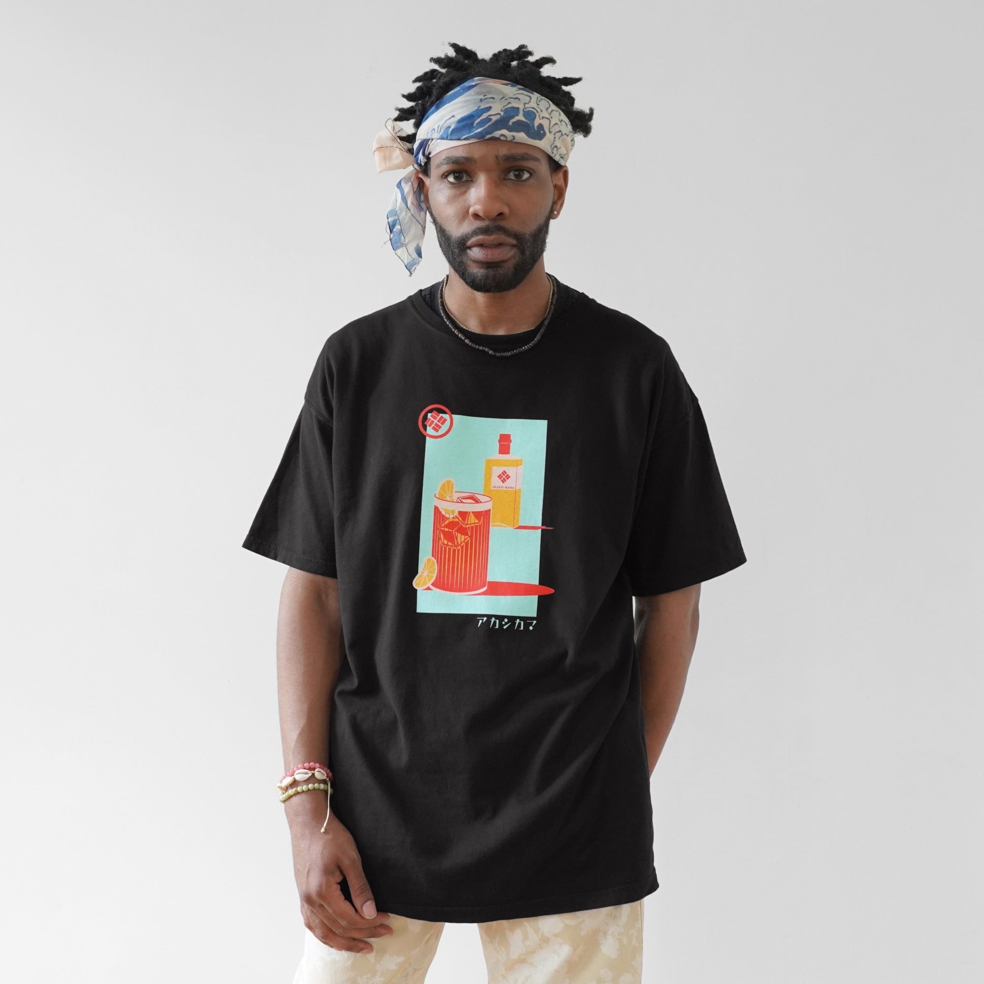 Mens Akashi-Kama streetwear black tee with Japanese Highball whiskey hand-illustrated graphic