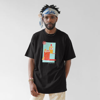 Mens Akashi-Kama streetwear black tee with Japanese Highball whiskey hand-illustrated graphic