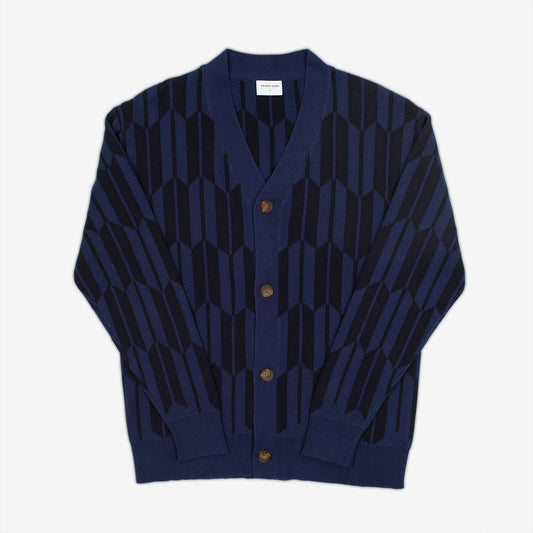 AKASHI-KAMA Arrow Cardigan Sweater in Indigo | Japanese Pattern Knitwear