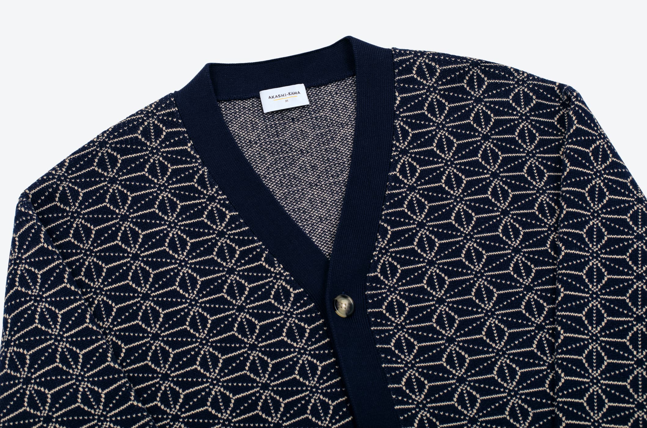 AKASHI-KAMA Japanese Pattern Knitwear | Asanoha Cardigan Indigo Sweater