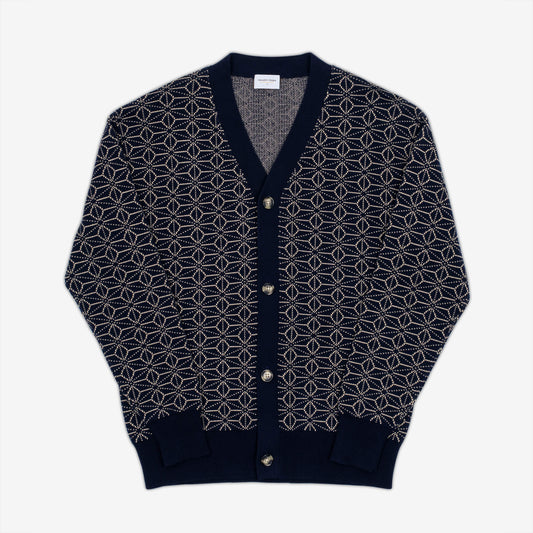 AKASHI-KAMA Asanoha Cardigan Sweater in Indigo | Japanese Pattern Knitwear