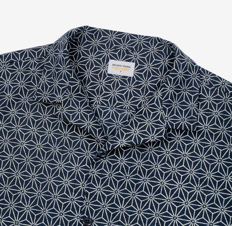 Camp Collar Button Down Shirt Style in Asanoha Indigo | Made in USA AKASHI-KAMA Japanese Pattern Streetwear