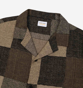 Patchwork Camp Collar Button Down Shirt Style in Earth Brown | Made in USA AKASHI-KAMA Japanese Streetwear 