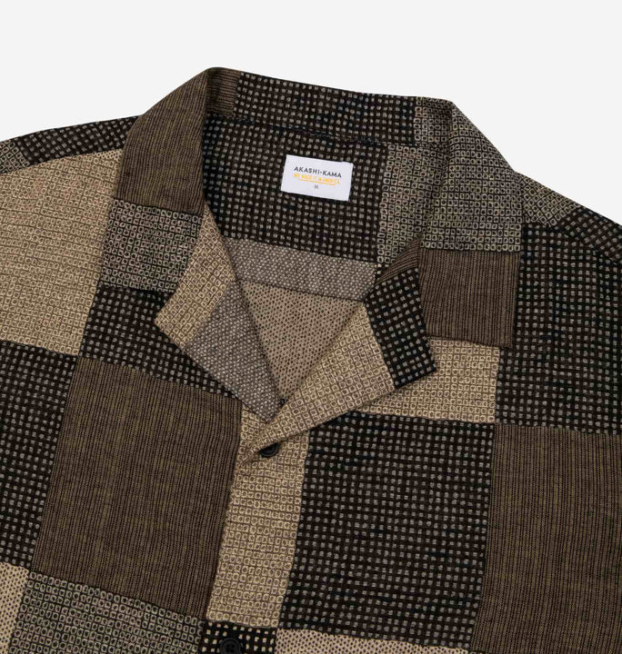 Patchwork Camp Collar Button Down Shirt Style in Earth Brown | Made in USA AKASHI-KAMA Japanese Streetwear 