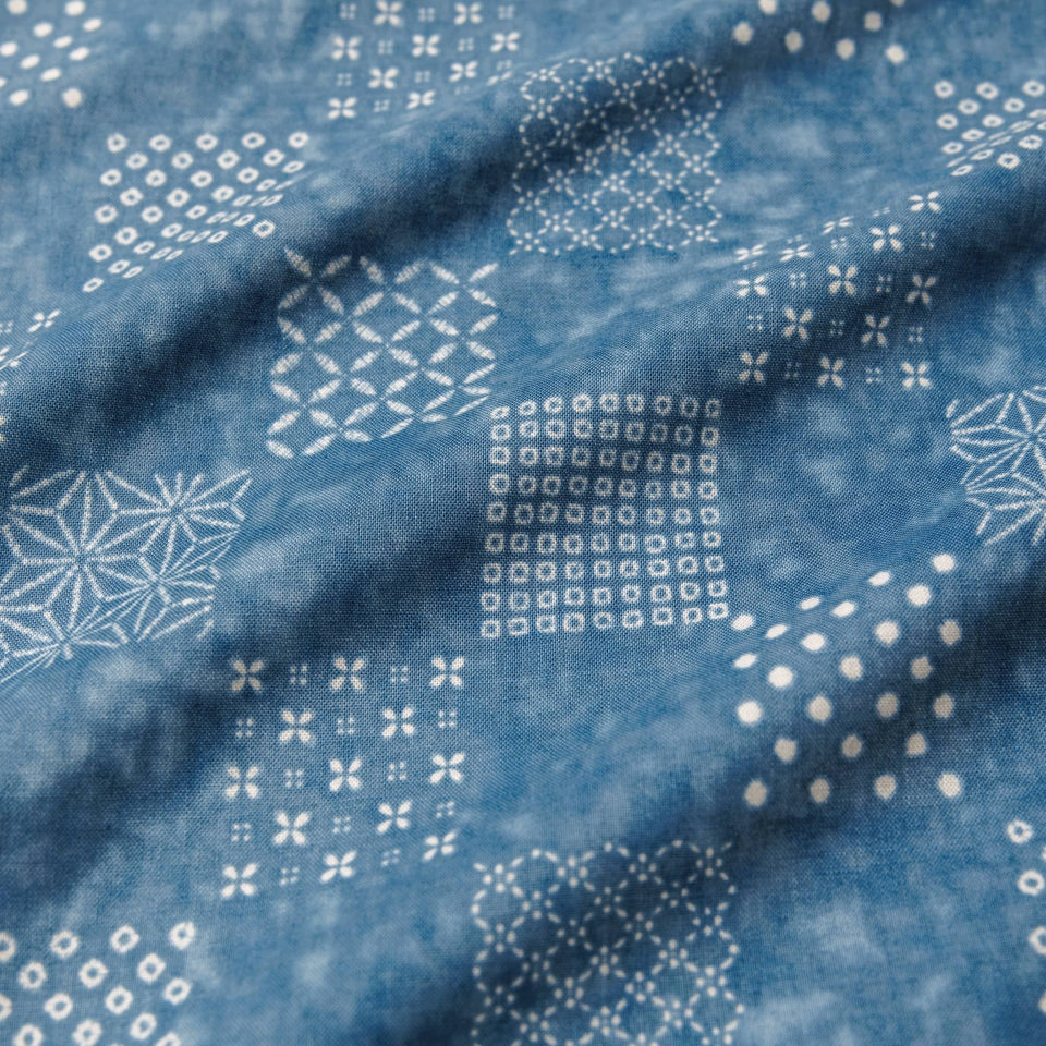 Pattern Camp Collar Button Down Shirt Style in Sora Blue | Made in USA AKASHI-KAMA Japanese Streetwear 