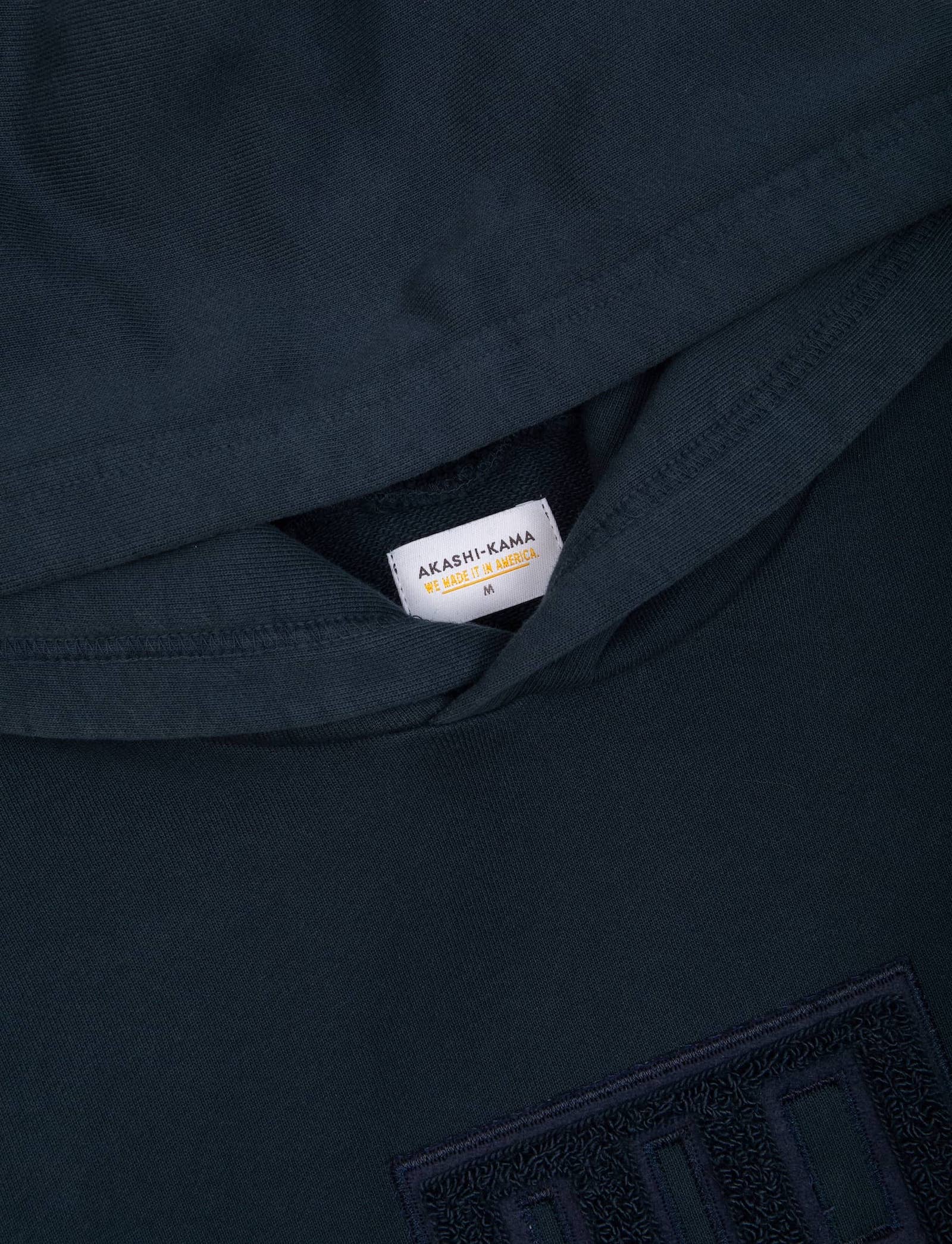 Chenille Texture Kanji Patch Hoodie AKASHI-KAMA Yonsei Navy Sweatshirt | Made in USA Garment Dye Streetwear   