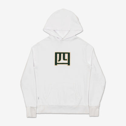 Yonsei Chenille Kanji Patch AKASHI-KAMA Hoodie in White | Streetwear Garment Dye Sweatshirt Made in USA