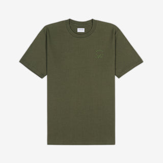AKASHI-KAMA Crest Stamped Tee in Olive with matcha green 3D texture chest logo