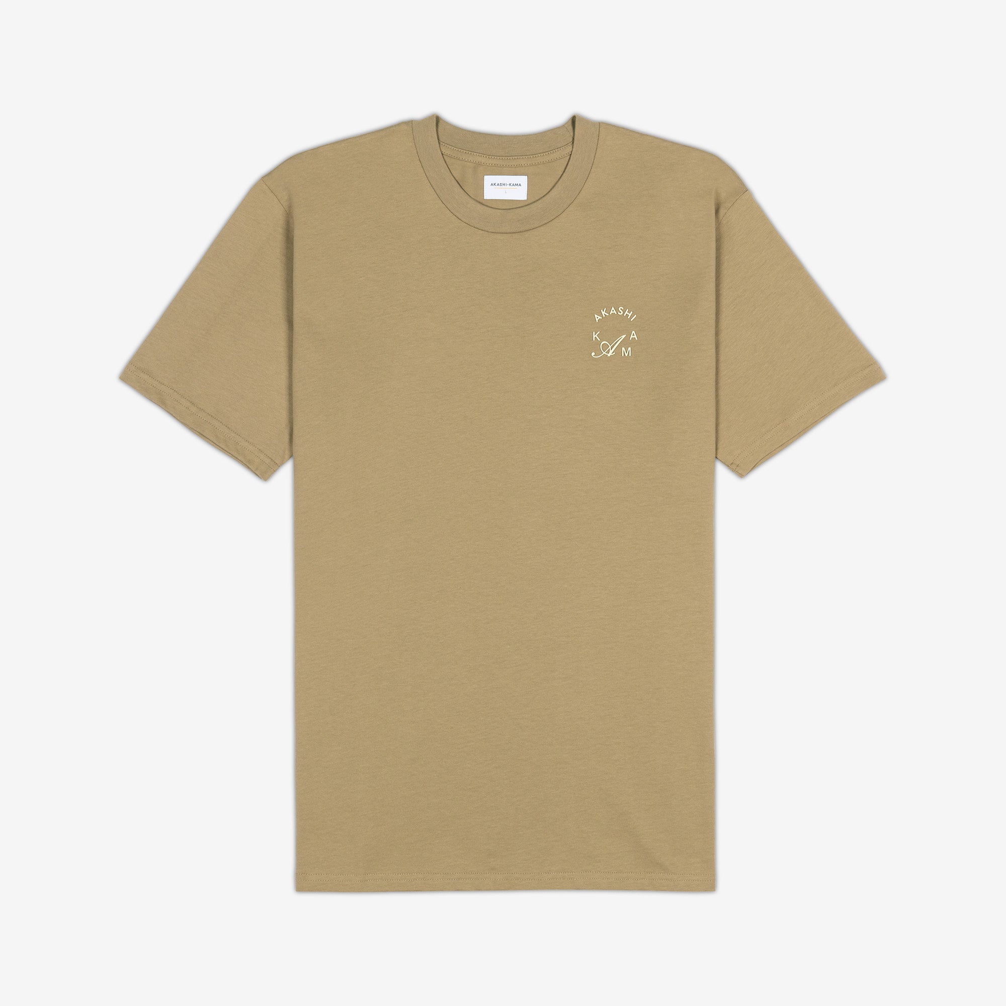 AKASHI-KAMA Crest Stamped Tee in Tan with cream 3D texture chest logo