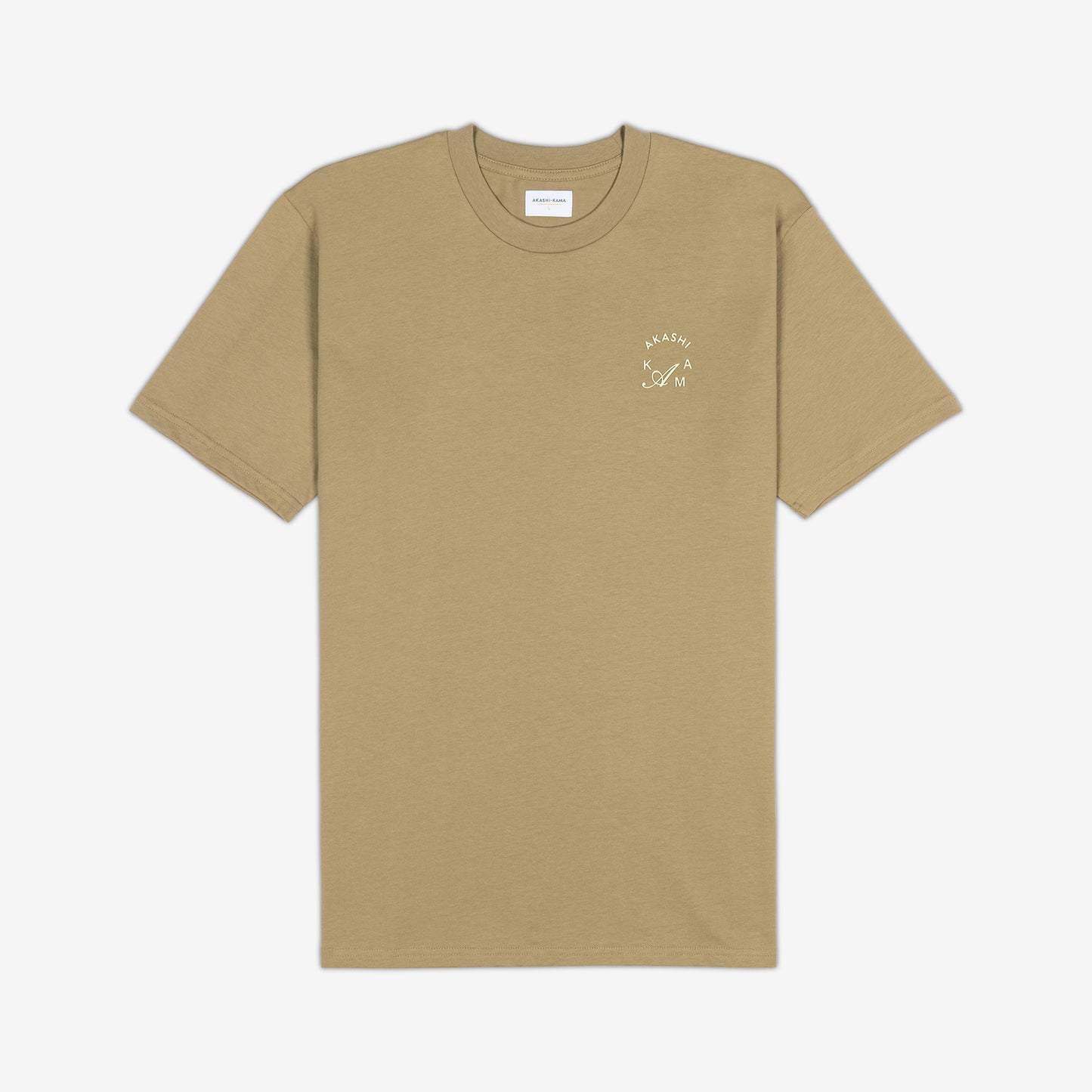 AKASHI-KAMA Crest Stamped Tee in Tan with cream 3D texture chest logo