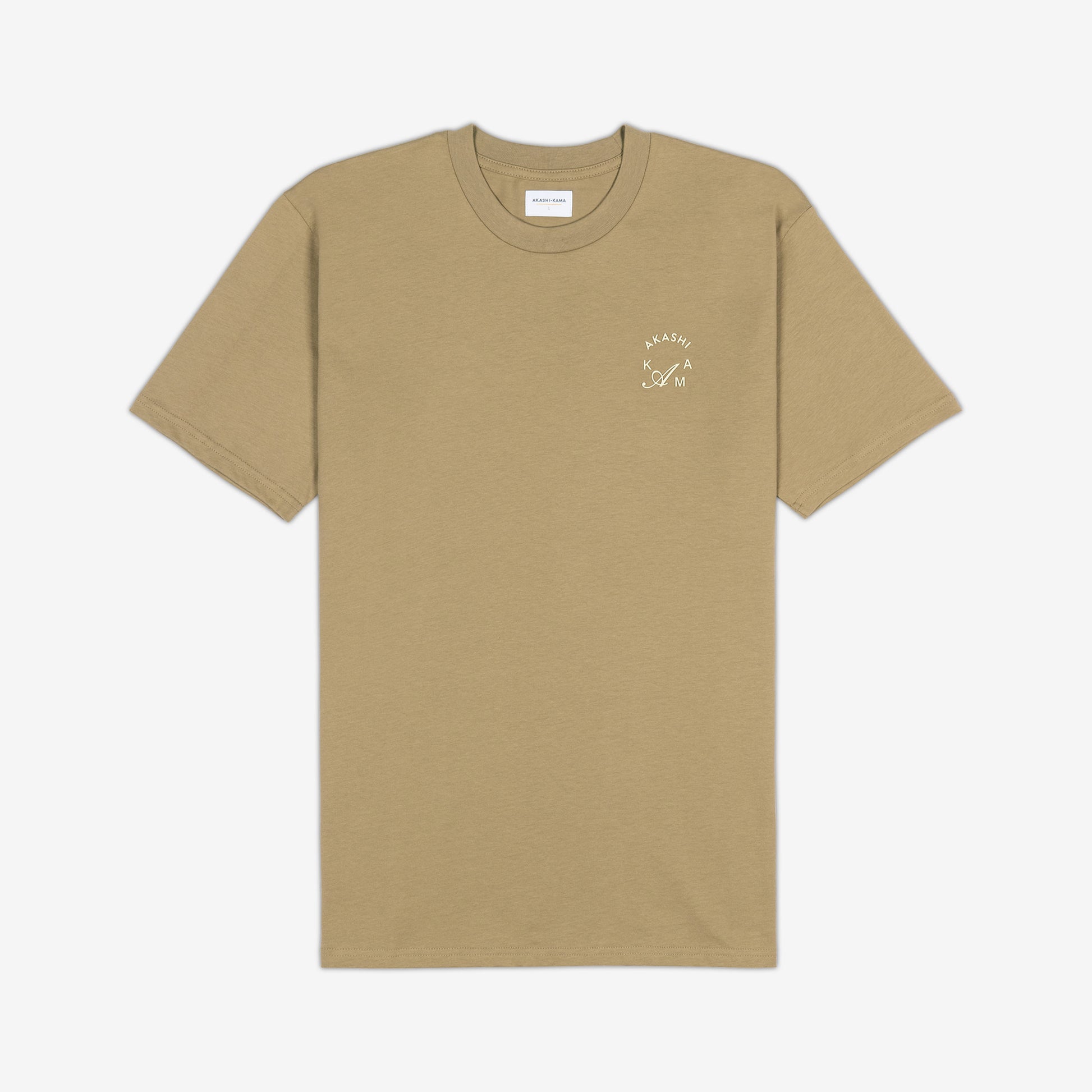 AKASHI-KAMA Crest Stamped Tee in Tan with cream 3D texture chest logo