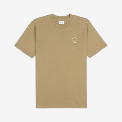 AKASHI-KAMA Crest Stamped Tee in Tan with cream 3D texture chest logo