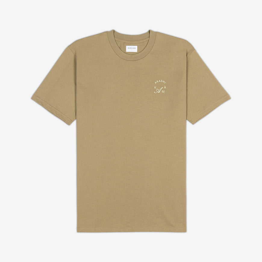 AKASHI-KAMA Crest Stamped Tee in Tan with cream 3D texture chest logo