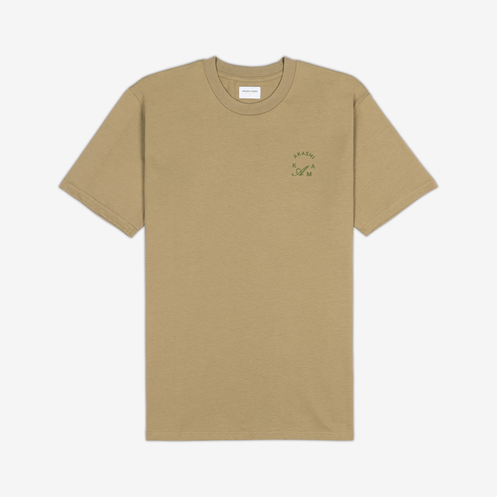 AKASHI-KAMA Crest Stamped Tee in Tan with matcha green 3D texture chest logo