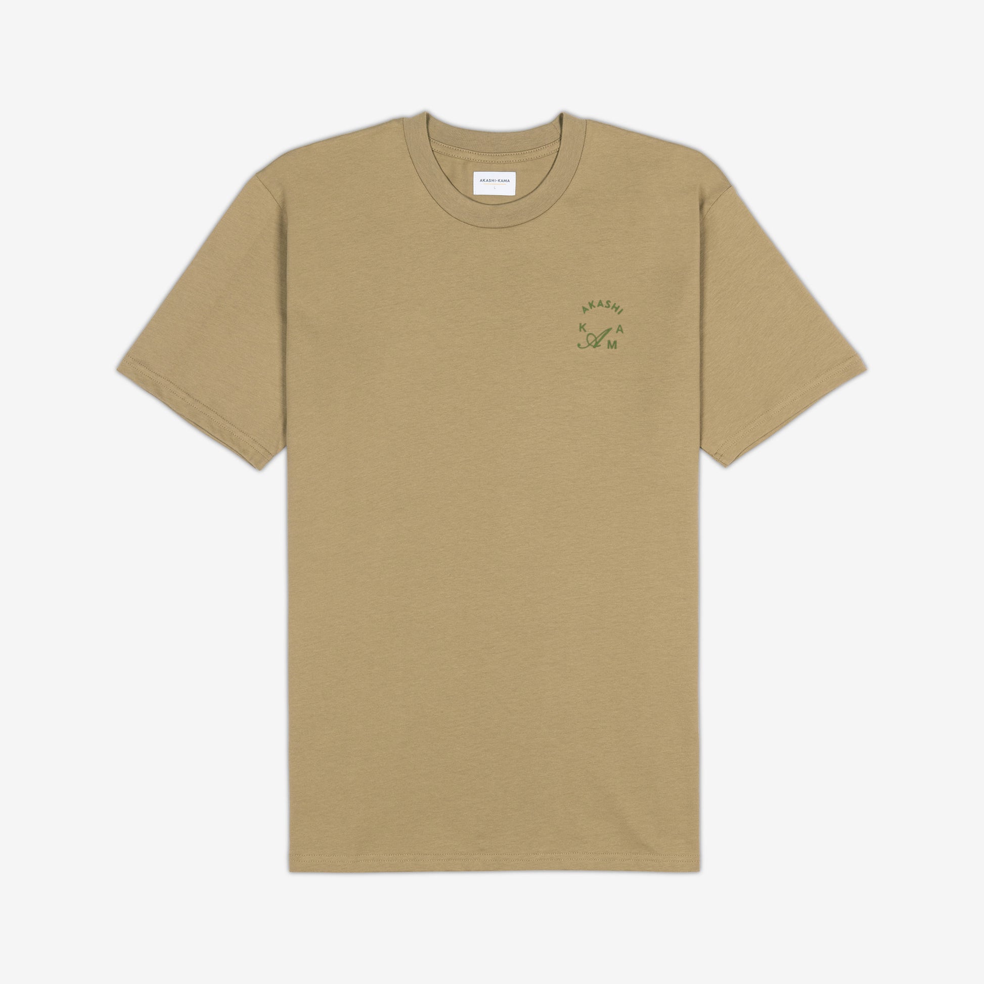 AKASHI-KAMA Crest Stamped Tee in Tan with matcha green 3D texture chest logo