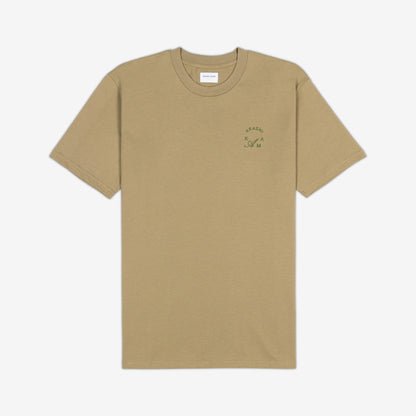 AKASHI-KAMA Crest Stamped Tee in Tan with matcha green 3D texture chest logo