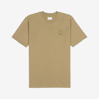 AKASHI-KAMA Crest Stamped Tee in Tan with matcha green 3D texture chest logo
