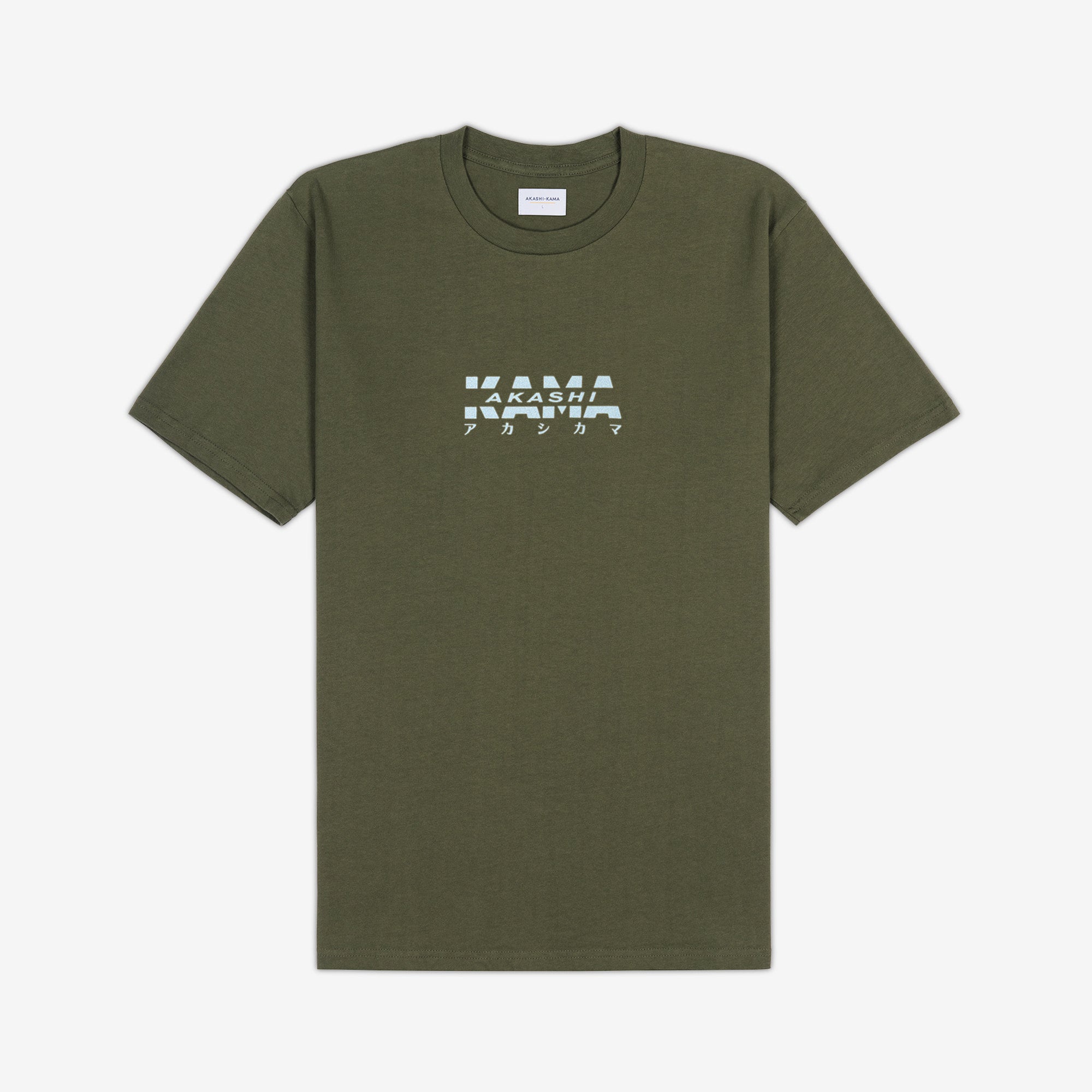 AKASHI-KAMA Reflective Track Tee in Olive with flashed 3D texture chest logo