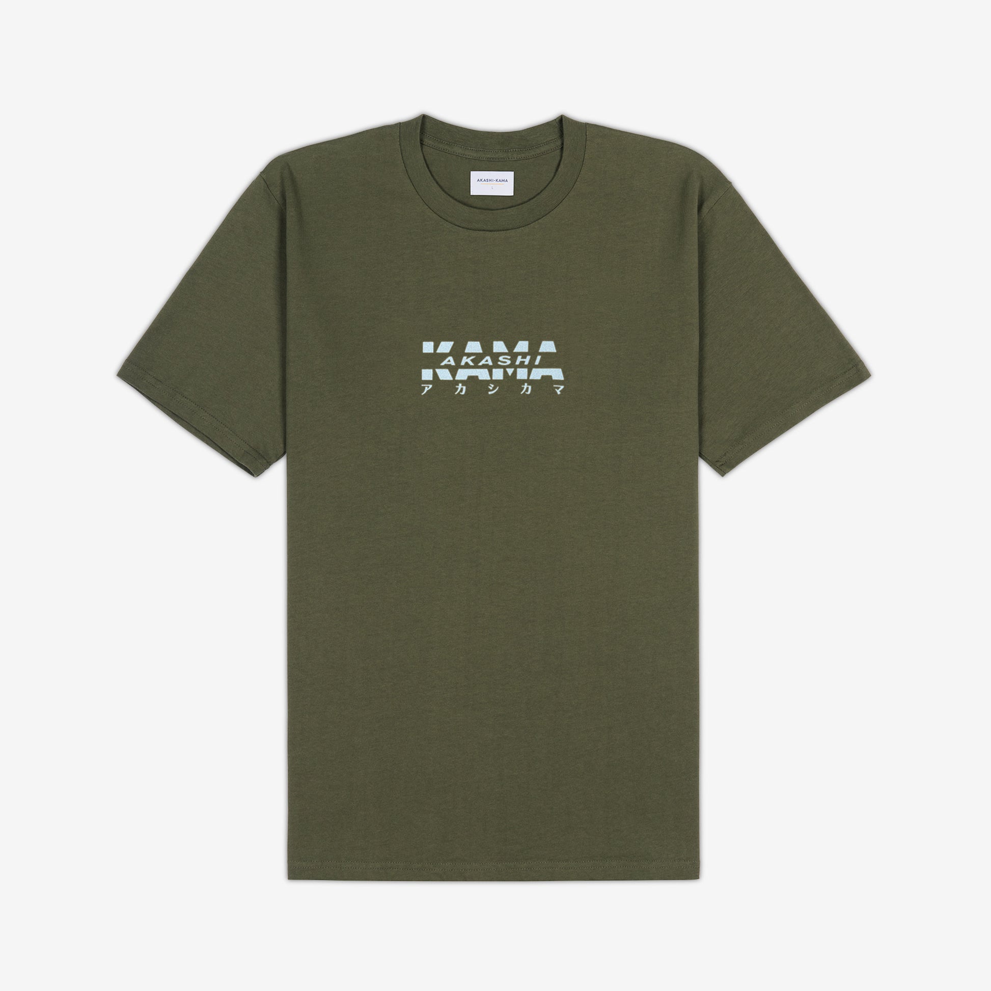 AKASHI-KAMA Reflective Track Tee in Olive with flashed 3D texture chest logo