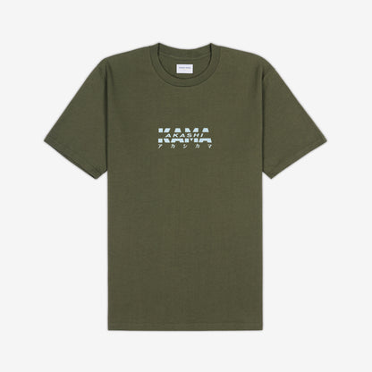 AKASHI-KAMA Reflective Track Tee in Olive with flashed 3D texture chest logo