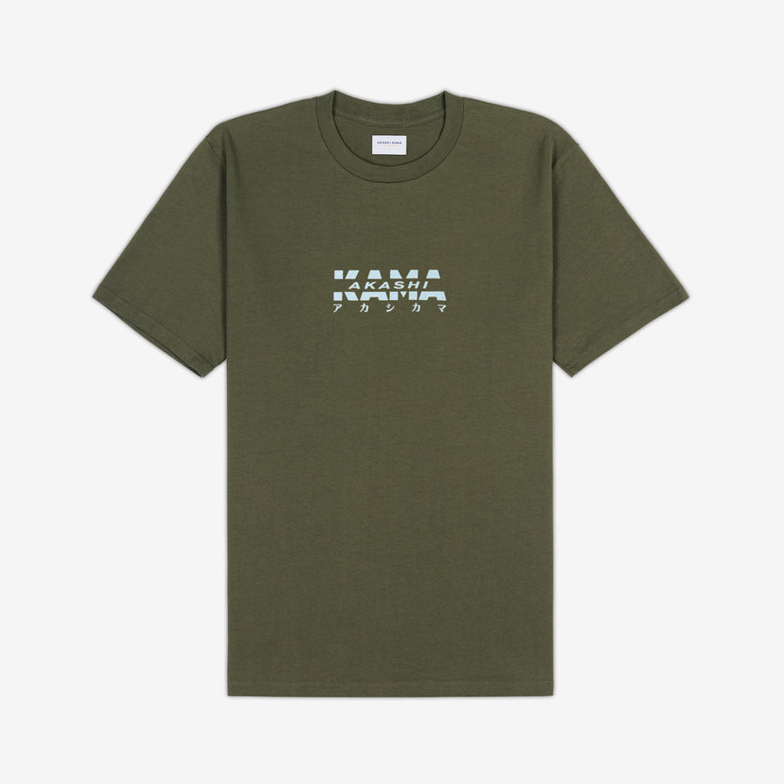 AKASHI-KAMA Reflective Track Tee in Olive with flashed 3D texture chest logo