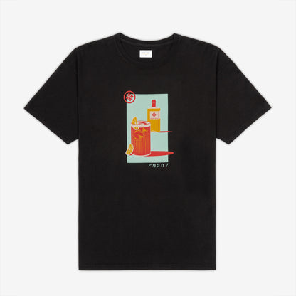 AKASHI-KAMA Highball ハイボール Oversize Tee in Black | Hand illustrated whiskey design Japanese Streetwear, USA heavyweight cotton  
