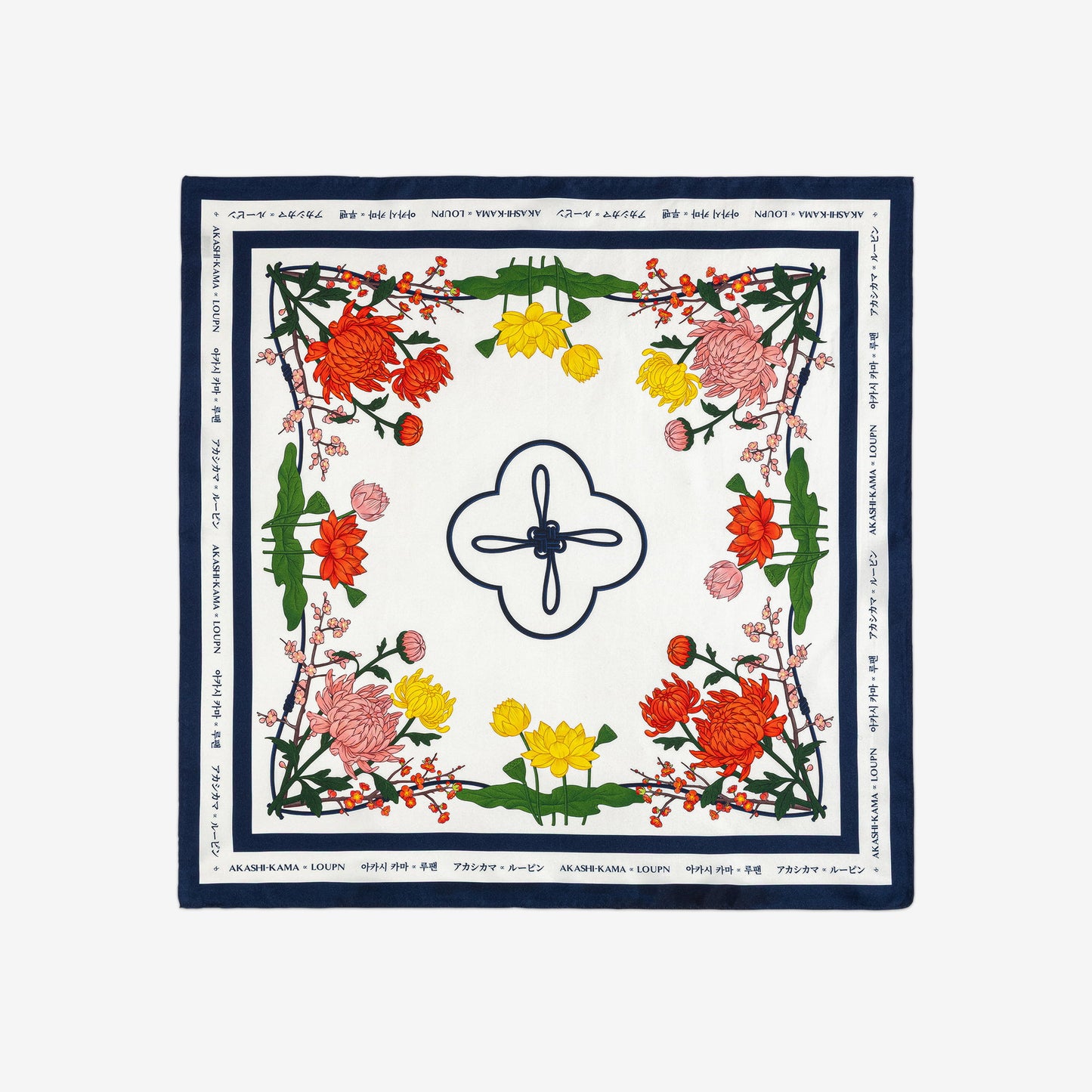 AKASHI-KAMA x LOUPN Maedeup Bandana in Korean silk with floral knot patterns