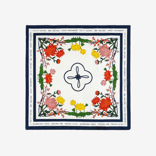 AKASHI-KAMA x LOUPN Maedeup Bandana in Korean silk with floral knot patterns