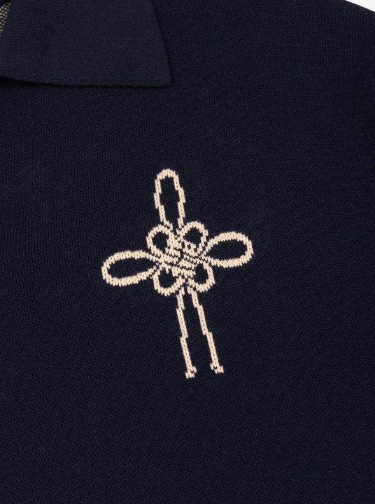Maedeup traditional knot AKASHI-KAMA | LOUPN Navy knit polo