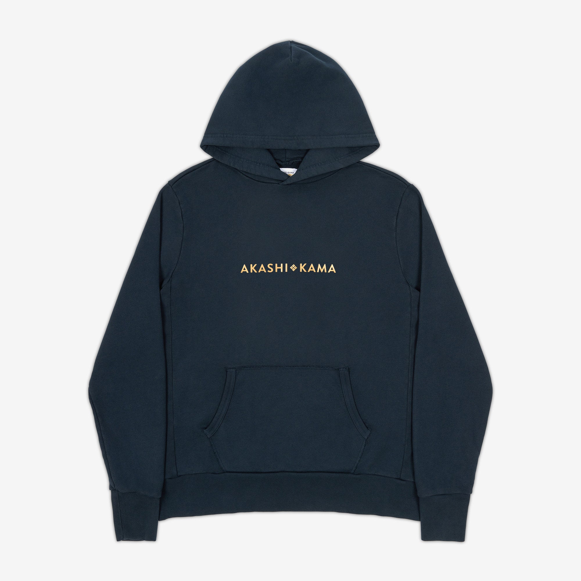 AKASHI-KAMA Metallic Stamped Hoodie in Deep Indigo with gold 3D texture chest logo
