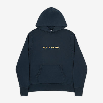 AKASHI-KAMA Metallic Stamped Hoodie in Deep Indigo with gold 3D texture chest logo