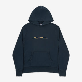 AKASHI-KAMA Metallic Stamped Hoodie in Deep Indigo with gold 3D texture chest logo