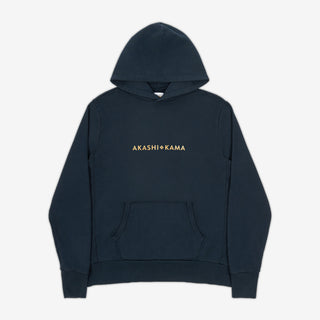 AKASHI-KAMA Metallic Stamped Hoodie in Deep Indigo with gold 3D texture chest logo
