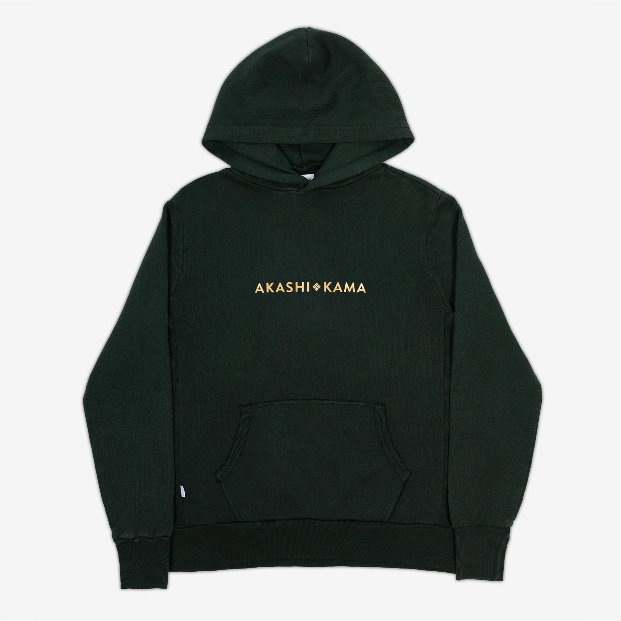 AKASHI-KAMA Metallic Stamped Hoodie in Nori Green with gold 3D texture chest logo